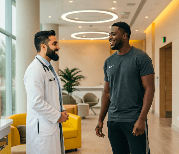 Image of medical professional speaking with a young male patient