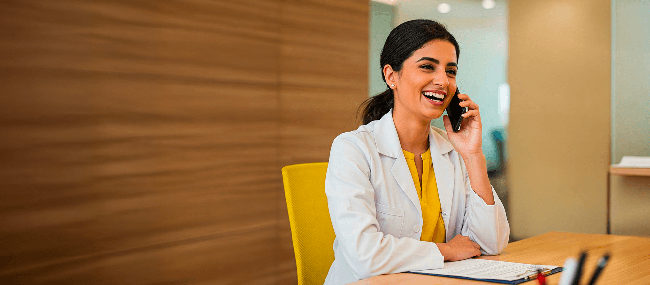 Image of medical professional smiling while on a phone call