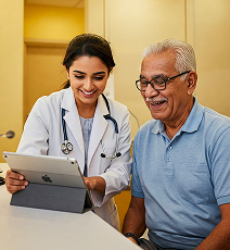 Image of medical professional showing patient something on a tablet
