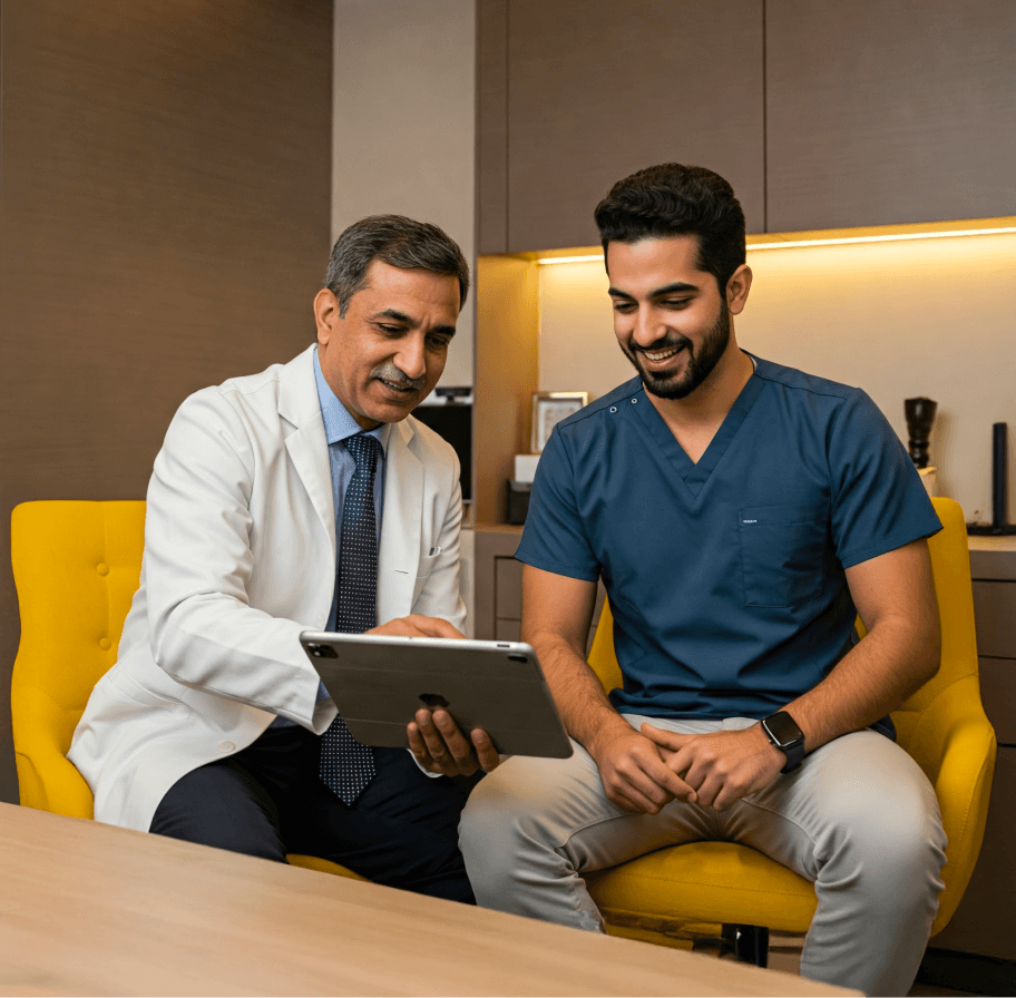 Image of medical professional showing something on their tablet to a male patient