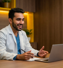 Image of medical professional on video call on their laptop