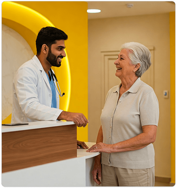 Image of medical professional speaking with an elderly female patient