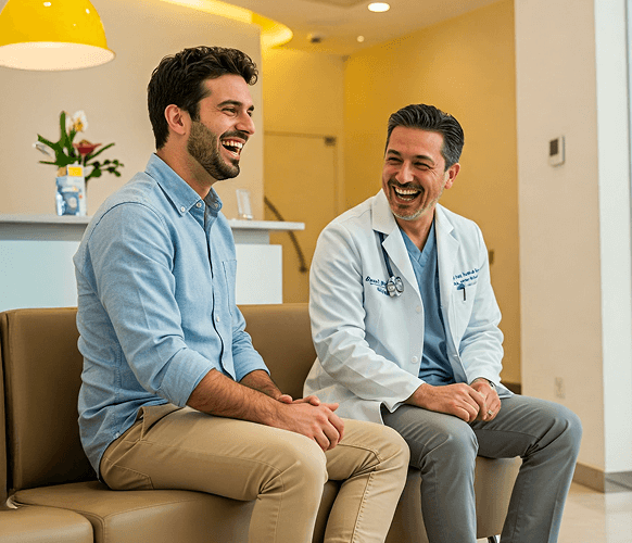 Image of a medical professional laughing with his patient